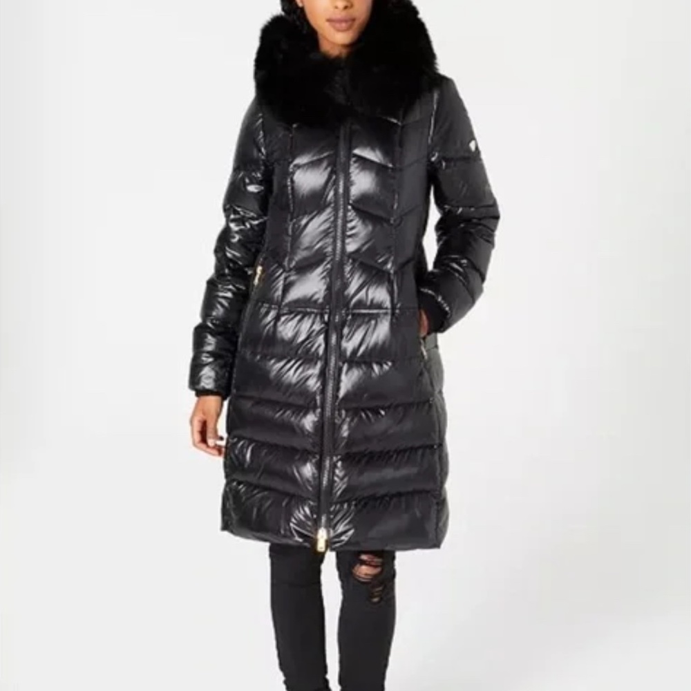 1 MADISON Luxe Fox-Fur Down Puffer Coat, attached hood removable fur, black